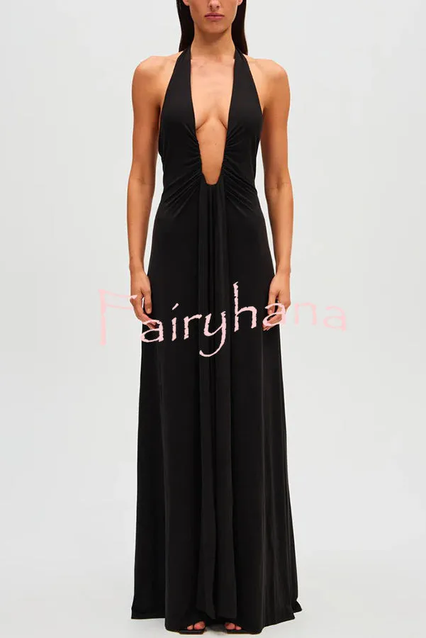 Sexy Silhouette Deep U-neck Halter Waterfall Sash Drape Maxi Dress
