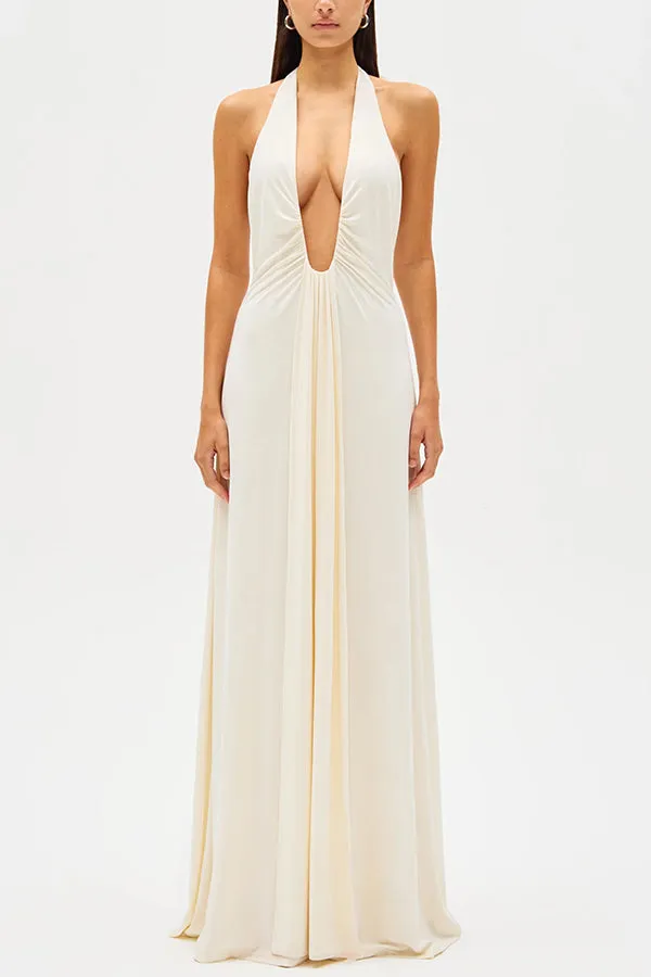 Sexy Silhouette Deep U-neck Halter Waterfall Sash Drape Maxi Dress