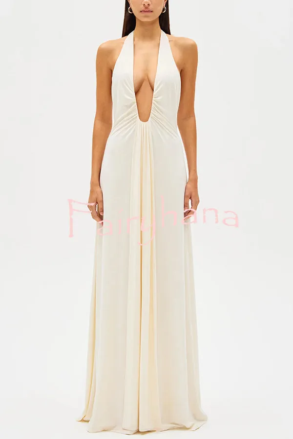 Sexy Silhouette Deep U-neck Halter Waterfall Sash Drape Maxi Dress