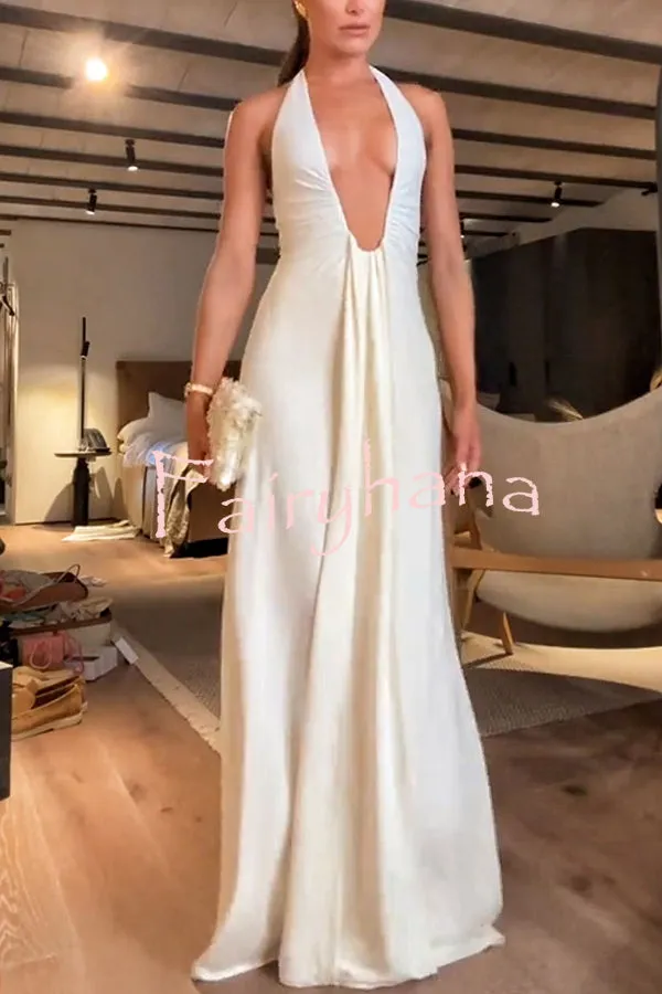 Sexy Silhouette Deep U-neck Halter Waterfall Sash Drape Maxi Dress