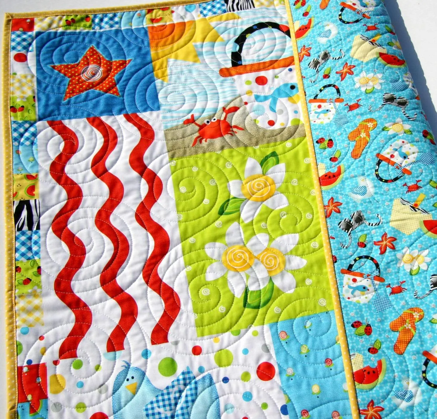 Summer Quilt, Wall Hanging, Baby Blanket, Boy or Girl Beach Ocean, Watermelon Ladybugs, Flip Flops Crab Birds, Gift for Child, Home Decor