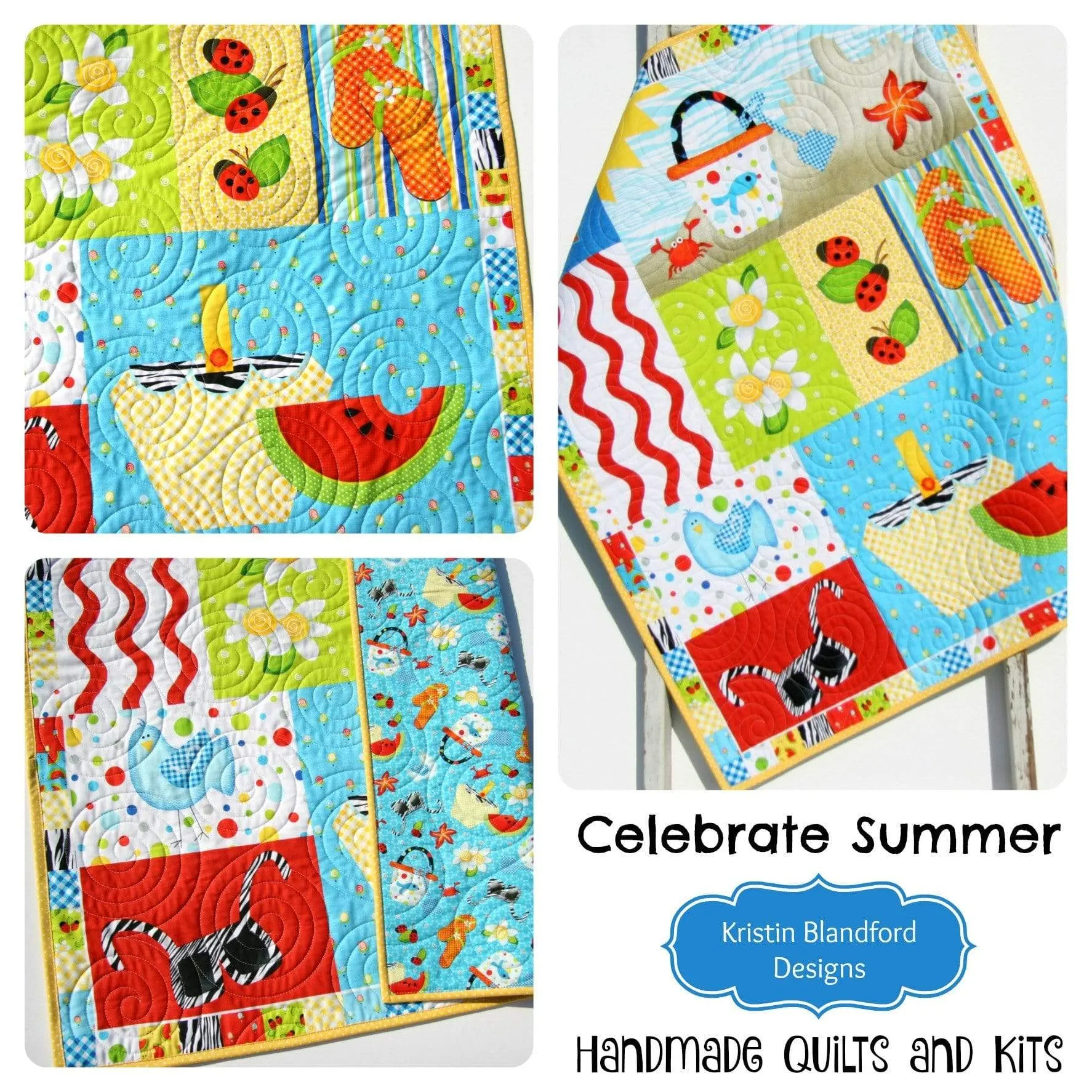 Summer Quilt, Wall Hanging, Baby Blanket, Boy or Girl Beach Ocean, Watermelon Ladybugs, Flip Flops Crab Birds, Gift for Child, Home Decor