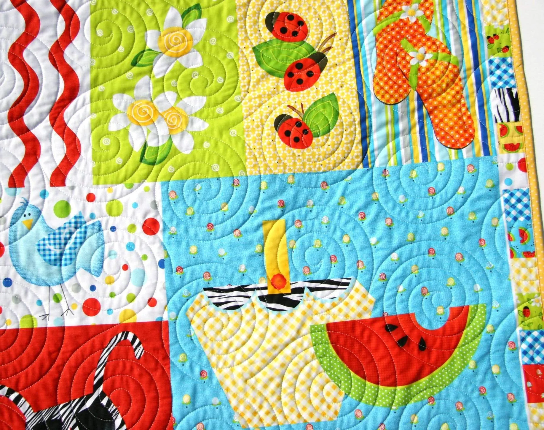 Summer Quilt, Wall Hanging, Baby Blanket, Boy or Girl Beach Ocean, Watermelon Ladybugs, Flip Flops Crab Birds, Gift for Child, Home Decor