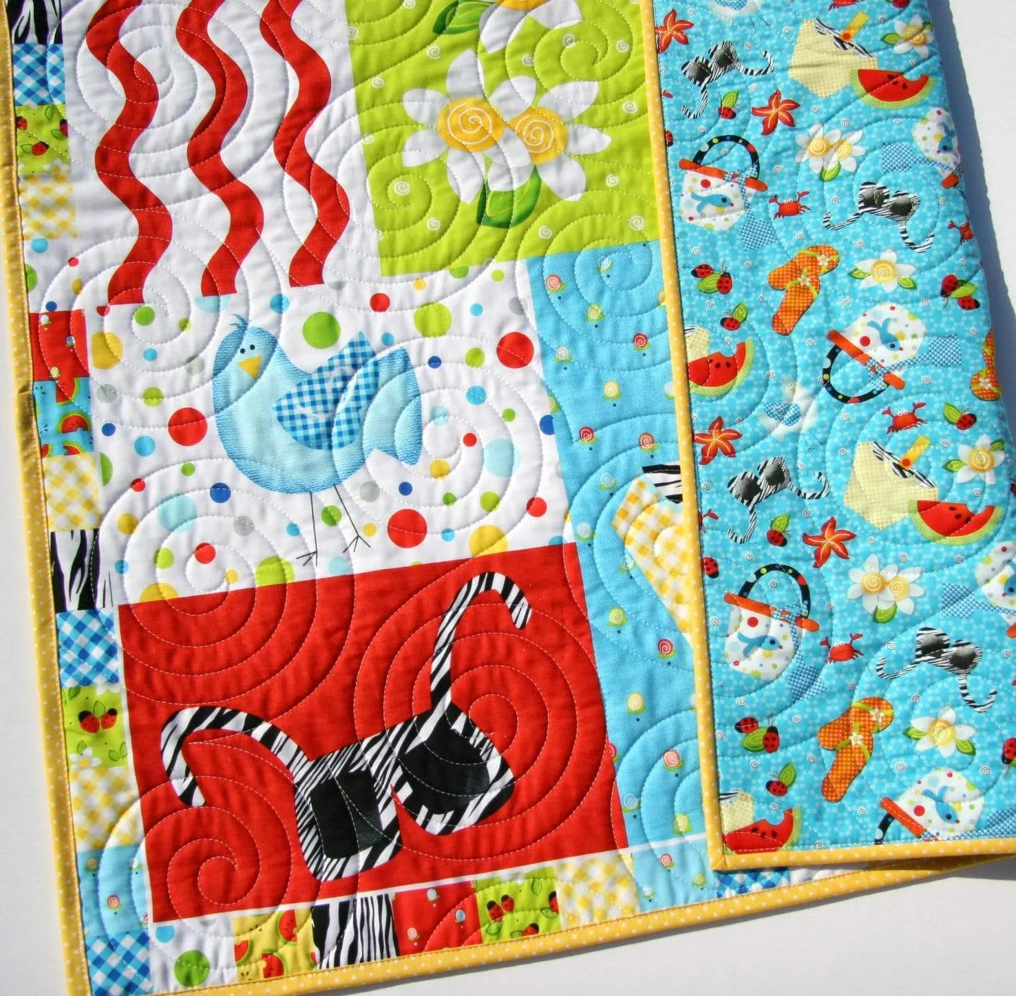 Summer Quilt, Wall Hanging, Baby Blanket, Boy or Girl Beach Ocean, Watermelon Ladybugs, Flip Flops Crab Birds, Gift for Child, Home Decor