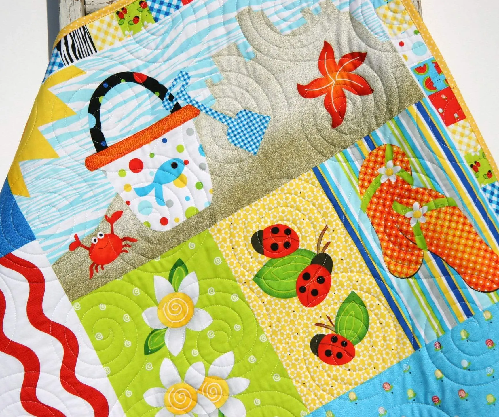 Summer Quilt, Wall Hanging, Baby Blanket, Boy or Girl Beach Ocean, Watermelon Ladybugs, Flip Flops Crab Birds, Gift for Child, Home Decor