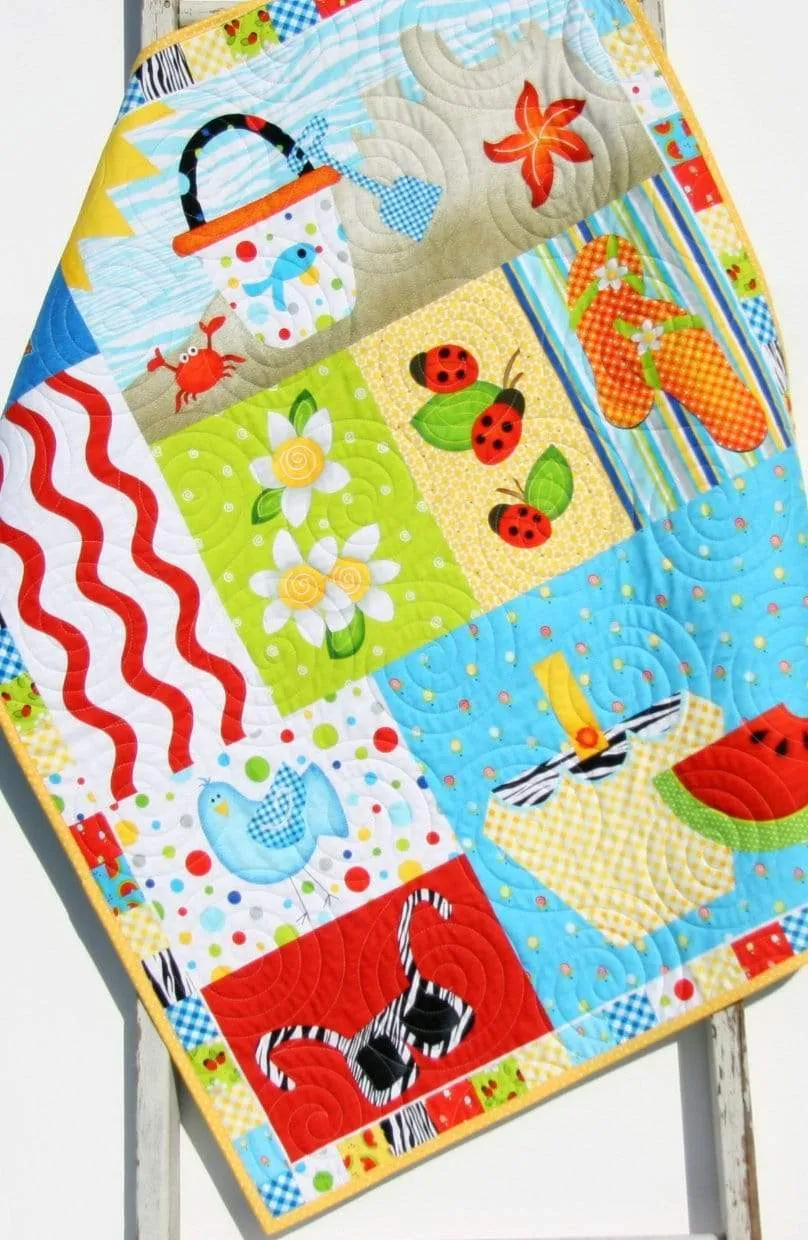 Summer Quilt, Wall Hanging, Baby Blanket, Boy or Girl Beach Ocean, Watermelon Ladybugs, Flip Flops Crab Birds, Gift for Child, Home Decor