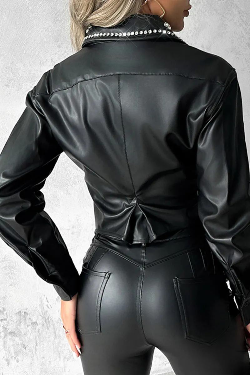 TK611 Studded PU Leather Flip Collar Shirt