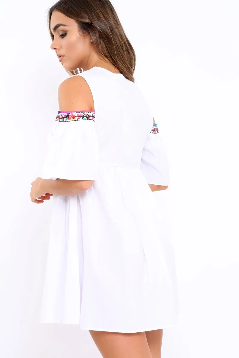 White Cold Shoulder Shift Dress with Aztec Embroidery - Elodie