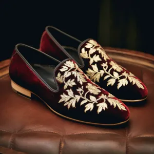 Wine Velvet Hand Work Zardozi Peshawari Loafers | Wedding Shoes for Groom | Shoes for Haldi Mehendi Sangeet