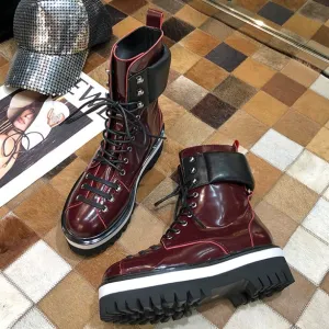Woman Leather Ankle Boots Med Platform Metal Decor Martin boots Lace-Up botas mujer Woman