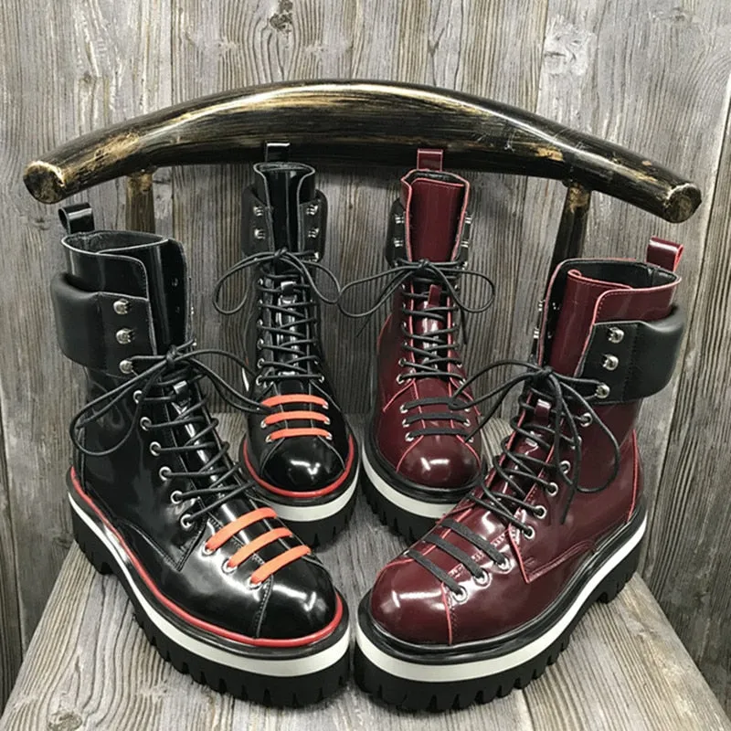 Woman Leather Ankle Boots Med Platform Metal Decor Martin boots Lace-Up botas mujer Woman