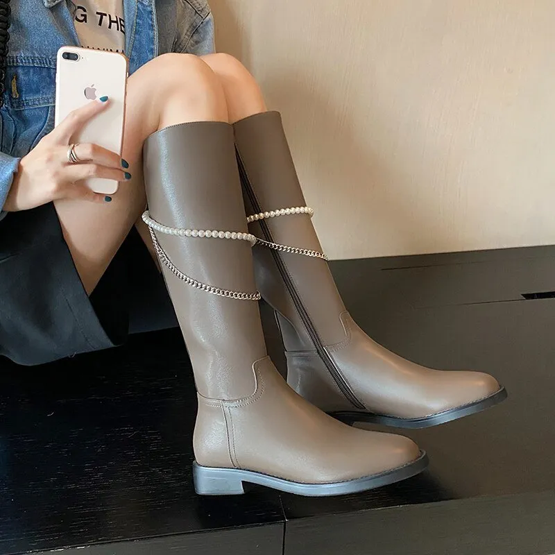 Women cow leather long boots side zipper Pearl Chain Knight Boots