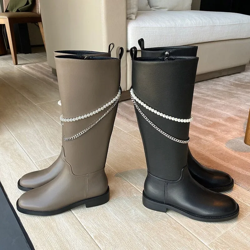 Women cow leather long boots side zipper Pearl Chain Knight Boots