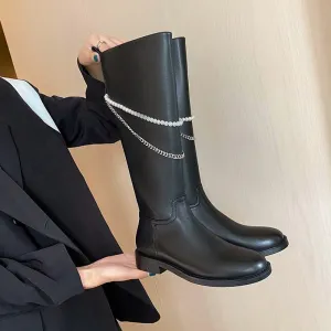 Women cow leather long boots side zipper Pearl Chain Knight Boots