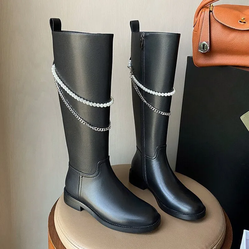 Women cow leather long boots side zipper Pearl Chain Knight Boots