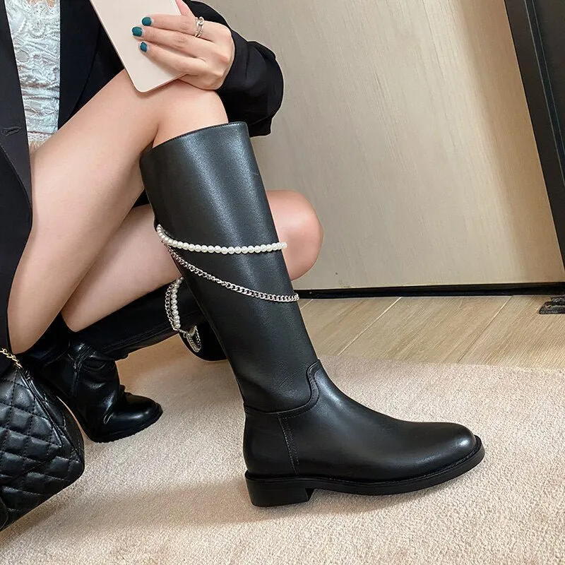 Women cow leather long boots side zipper Pearl Chain Knight Boots