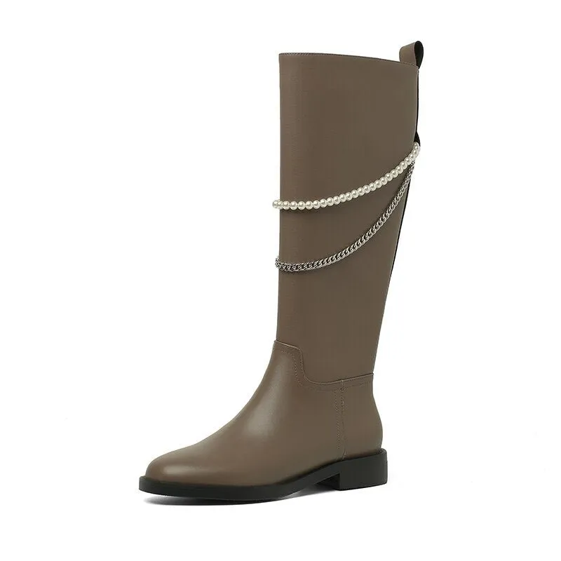 Women cow leather long boots side zipper Pearl Chain Knight Boots