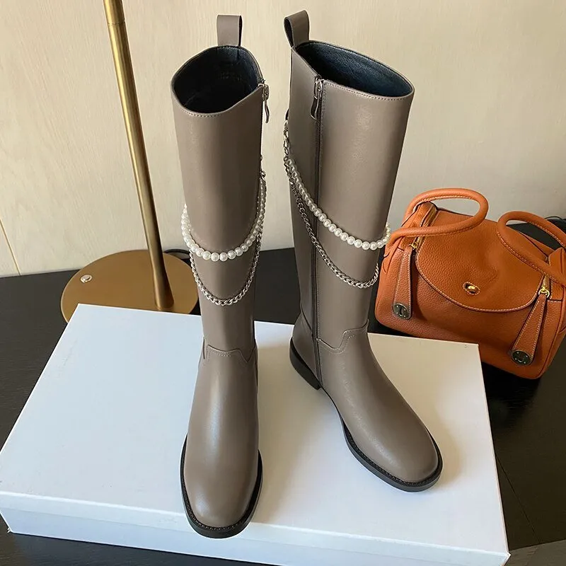 Women cow leather long boots side zipper Pearl Chain Knight Boots