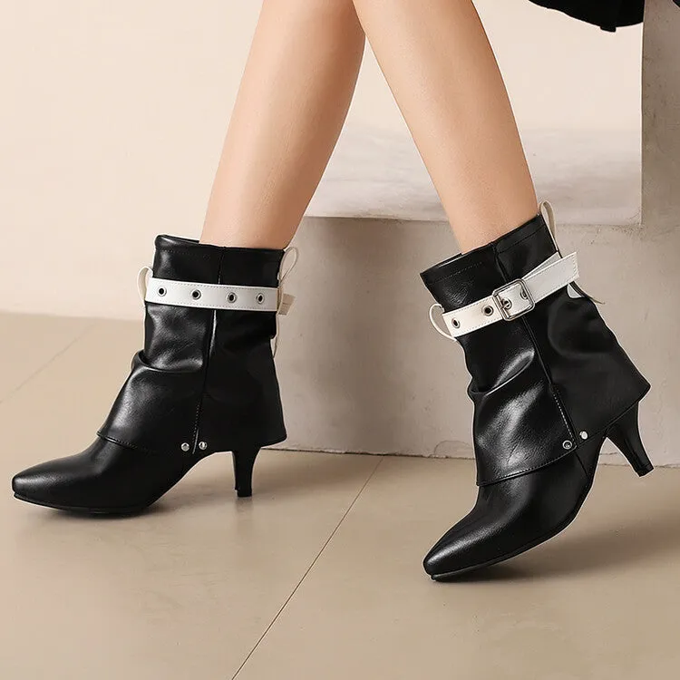 Women's Buckle Strap Pointed Toe Spike Heel Mid Calf Boots