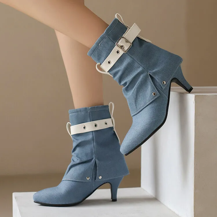 Women's Buckle Strap Pointed Toe Spike Heel Mid Calf Boots