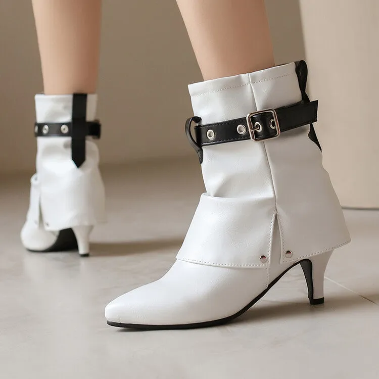 Women's Buckle Strap Pointed Toe Spike Heel Mid Calf Boots
