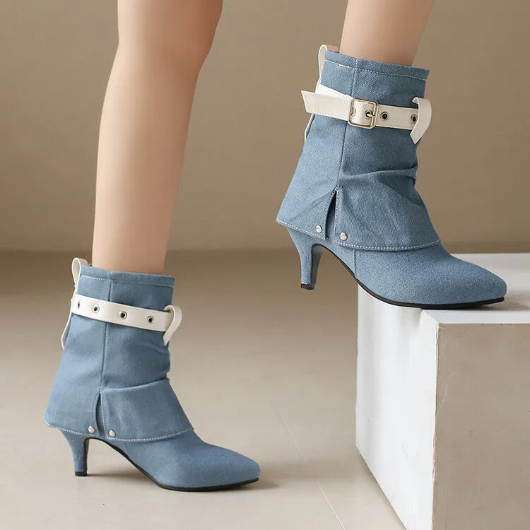 Women's Buckle Strap Pointed Toe Spike Heel Mid Calf Boots
