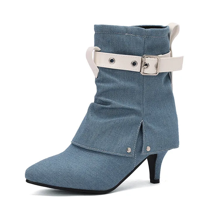 Women's Buckle Strap Pointed Toe Spike Heel Mid Calf Boots