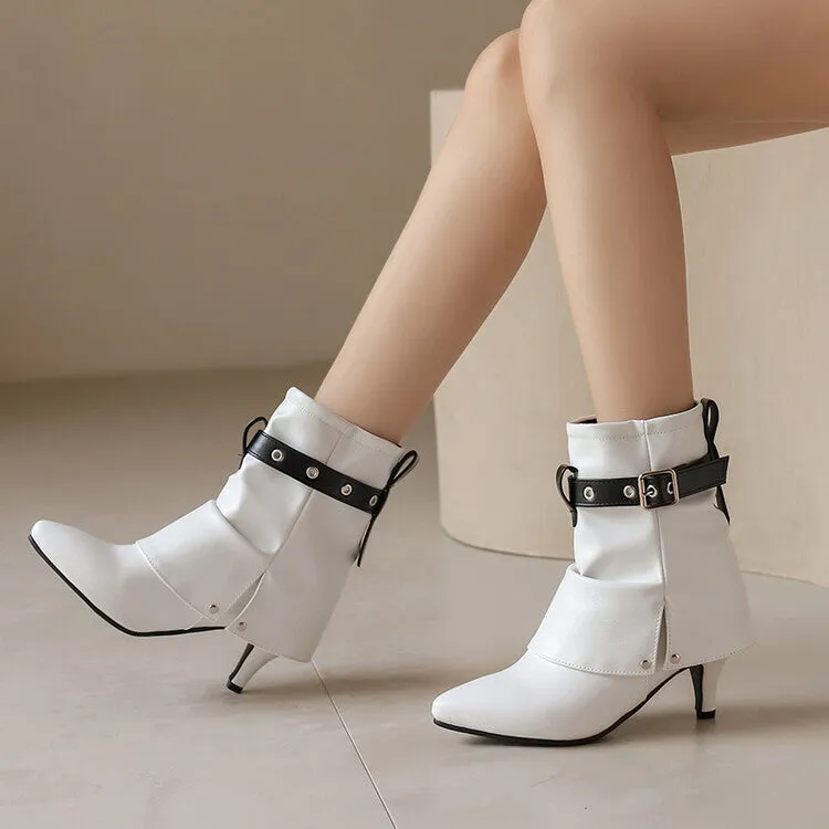 Women's Buckle Strap Pointed Toe Spike Heel Mid Calf Boots