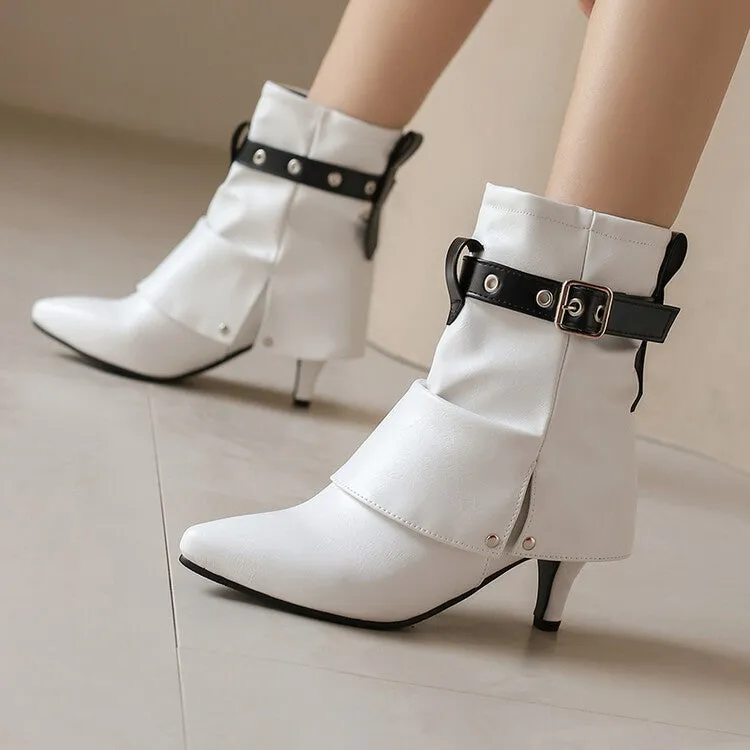 Women's Buckle Strap Pointed Toe Spike Heel Mid Calf Boots