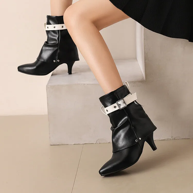 Women's Buckle Strap Pointed Toe Spike Heel Mid Calf Boots