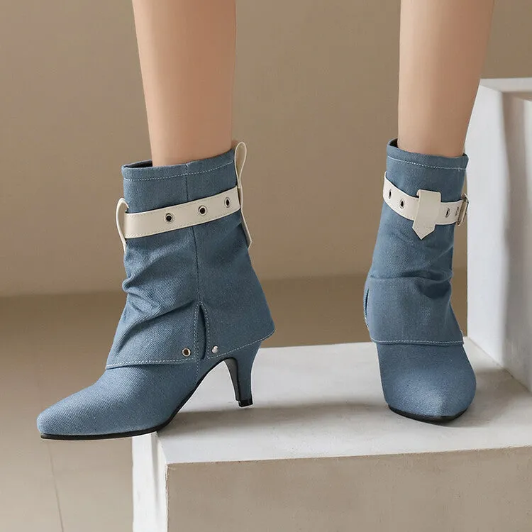 Women's Buckle Strap Pointed Toe Spike Heel Mid Calf Boots