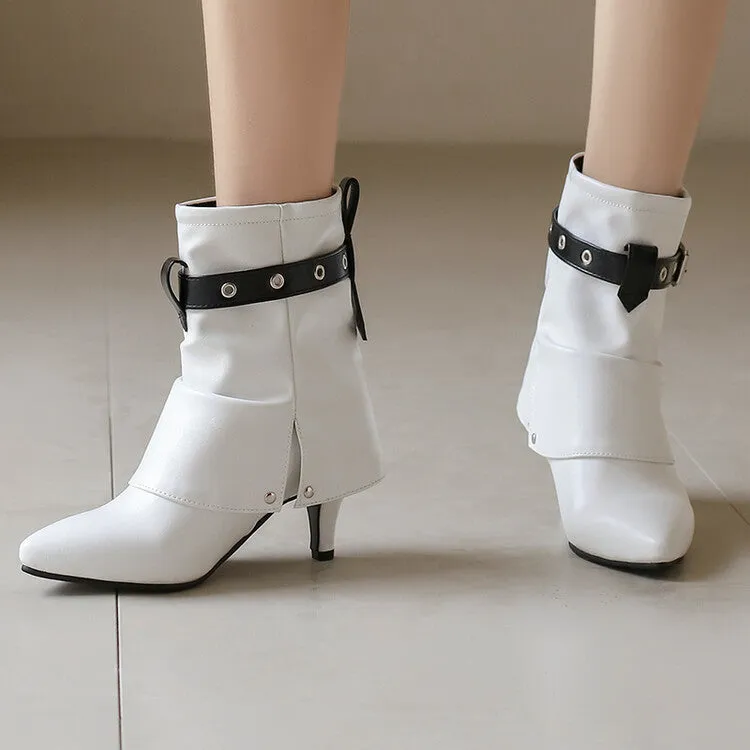 Women's Buckle Strap Pointed Toe Spike Heel Mid Calf Boots