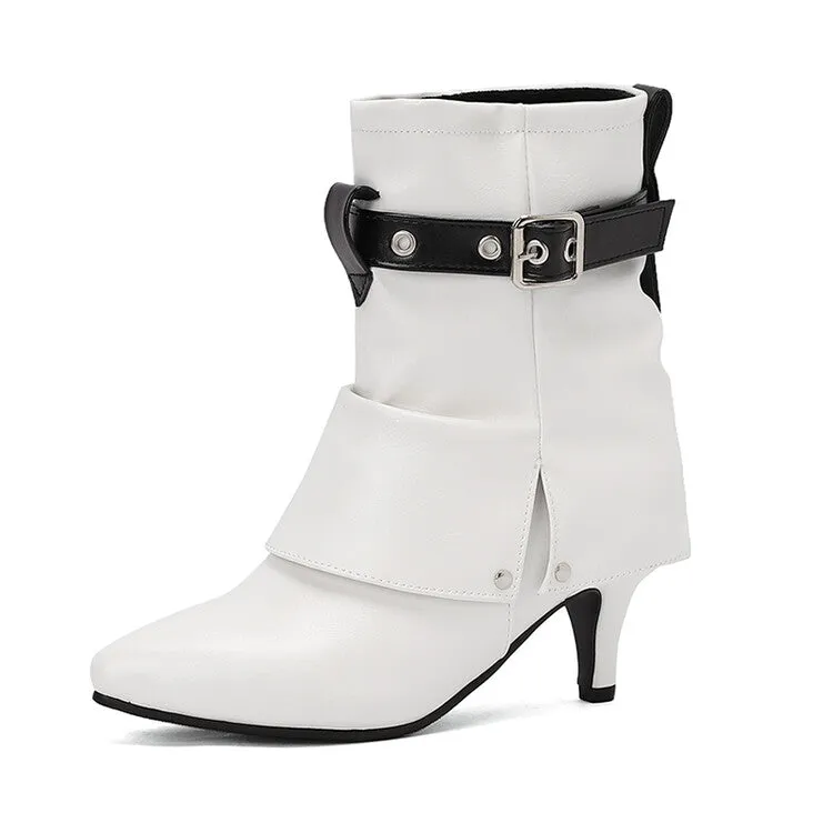 Women's Buckle Strap Pointed Toe Spike Heel Mid Calf Boots