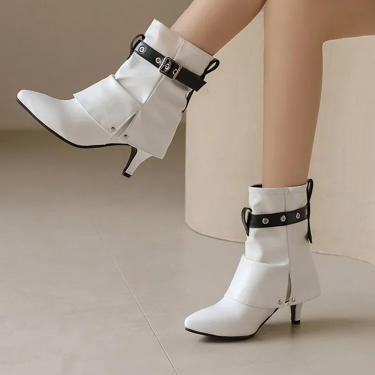 Women's Buckle Strap Pointed Toe Spike Heel Mid Calf Boots