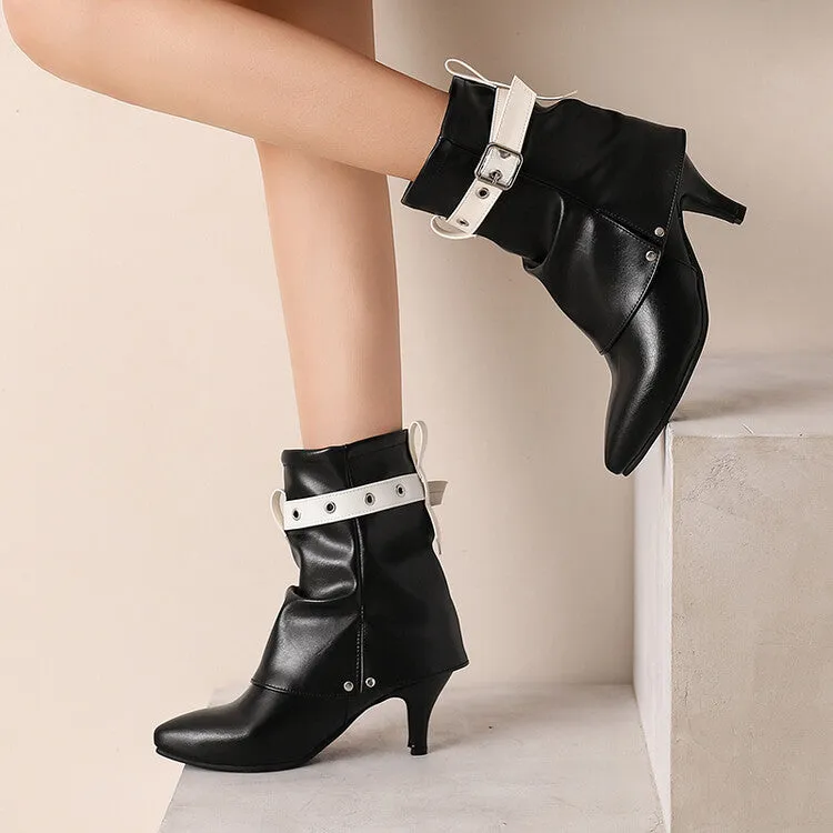Women's Buckle Strap Pointed Toe Spike Heel Mid Calf Boots