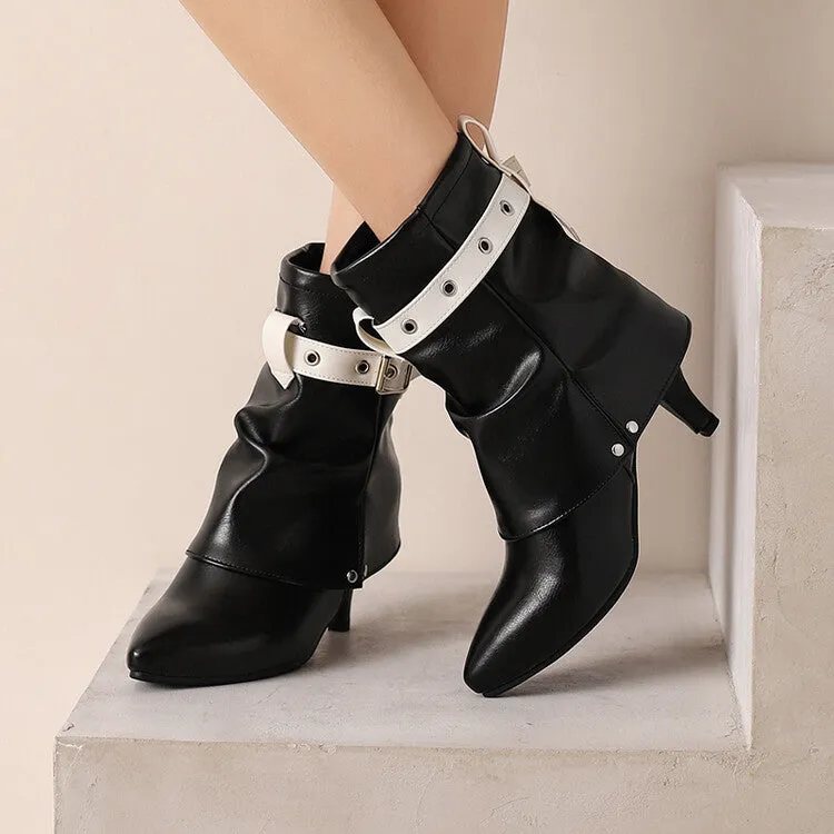 Women's Buckle Strap Pointed Toe Spike Heel Mid Calf Boots