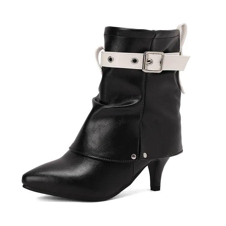 Women's Buckle Strap Pointed Toe Spike Heel Mid Calf Boots