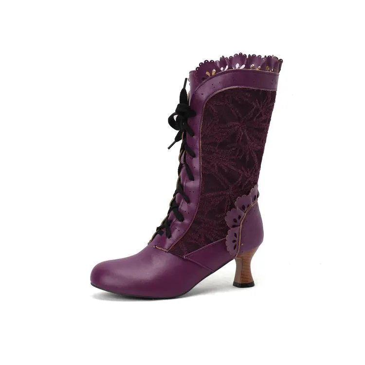 Women's Lace Lace-Up Round Toe Hoof Heel Mid Calf Boots