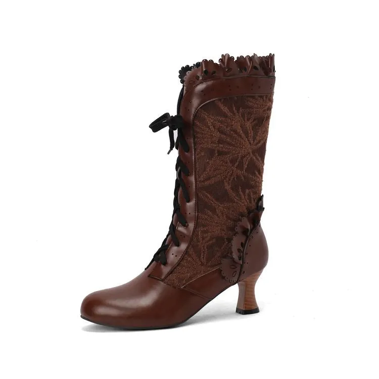 Women's Lace Lace-Up Round Toe Hoof Heel Mid Calf Boots