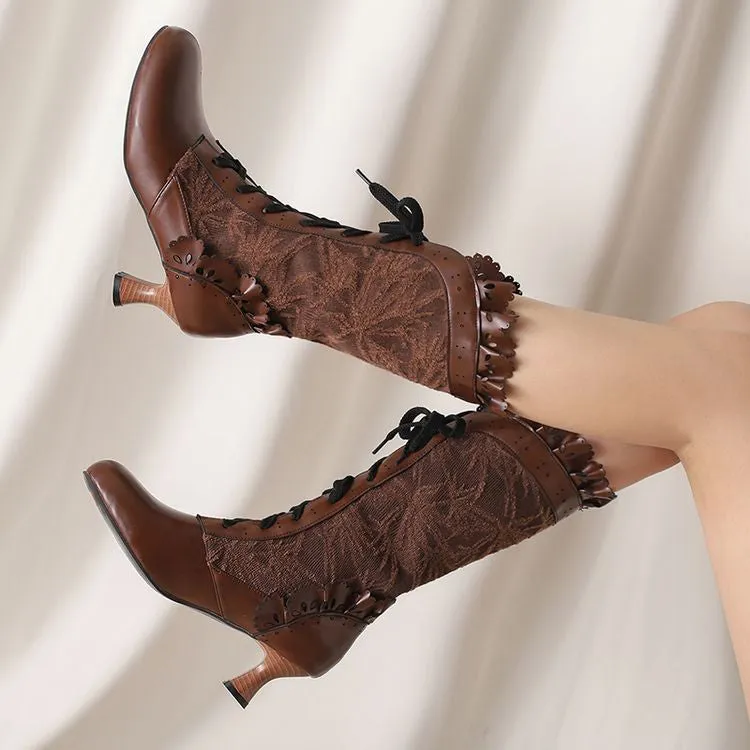 Women's Lace Lace-Up Round Toe Hoof Heel Mid Calf Boots