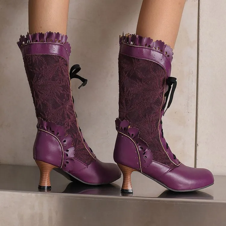 Women's Lace Lace-Up Round Toe Hoof Heel Mid Calf Boots