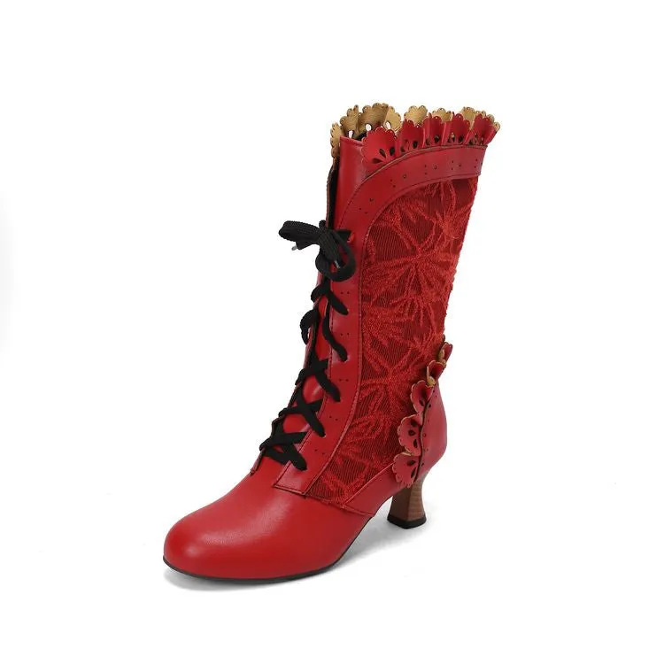 Women's Lace Lace-Up Round Toe Hoof Heel Mid Calf Boots