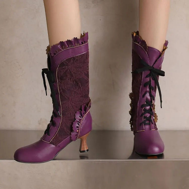 Women's Lace Lace-Up Round Toe Hoof Heel Mid Calf Boots