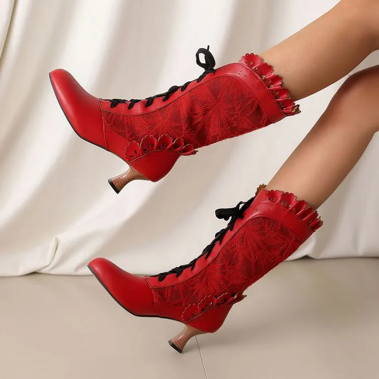 Women's Lace Lace-Up Round Toe Hoof Heel Mid Calf Boots