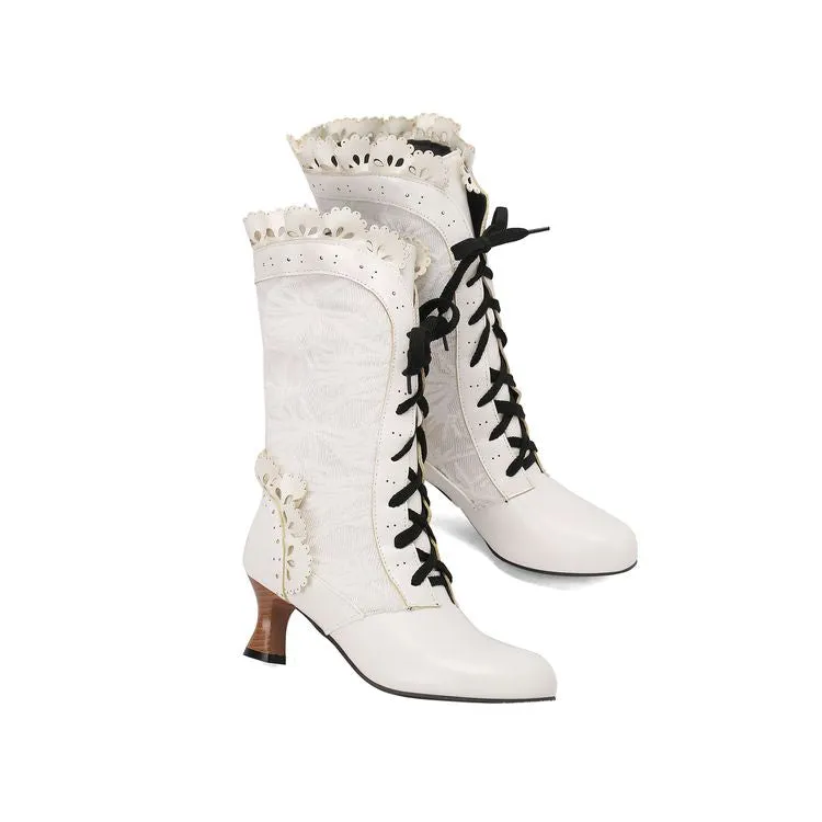 Women's Lace Lace-Up Round Toe Hoof Heel Mid Calf Boots