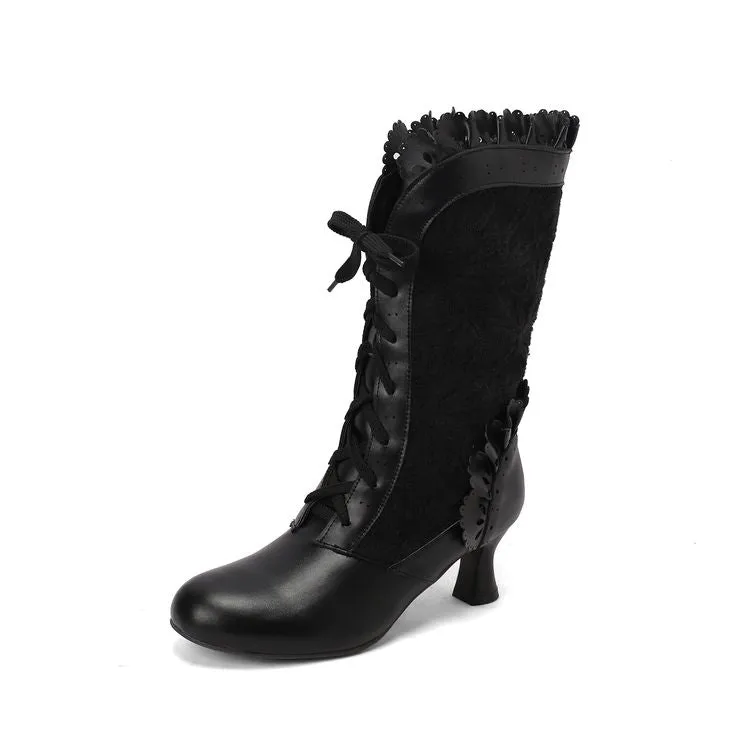 Women's Lace Lace-Up Round Toe Hoof Heel Mid Calf Boots
