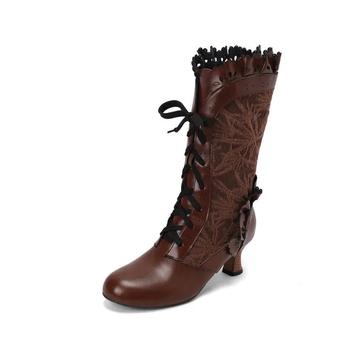 Women's Lace Lace-Up Round Toe Hoof Heel Mid Calf Boots