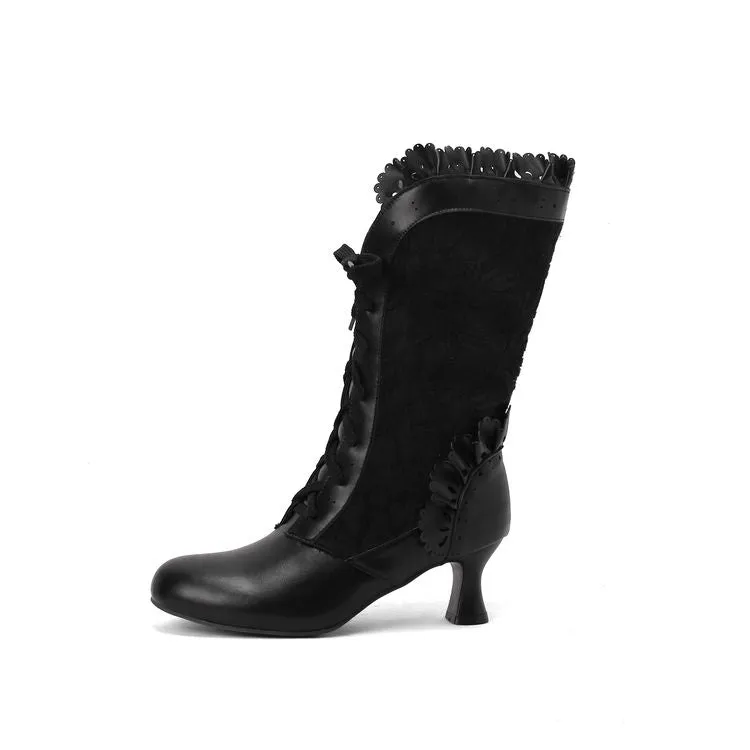 Women's Lace Lace-Up Round Toe Hoof Heel Mid Calf Boots