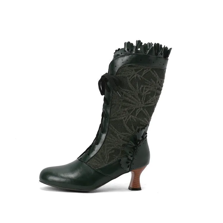 Women's Lace Lace-Up Round Toe Hoof Heel Mid Calf Boots