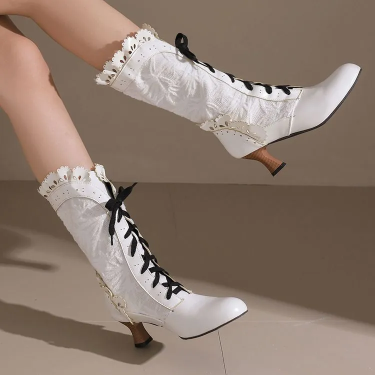 Women's Lace Lace-Up Round Toe Hoof Heel Mid Calf Boots